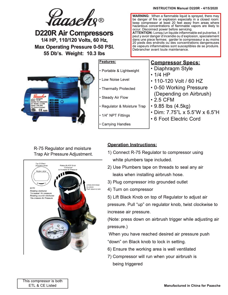 Page 1 de la notice Manuel utilisateur Paasche D220R