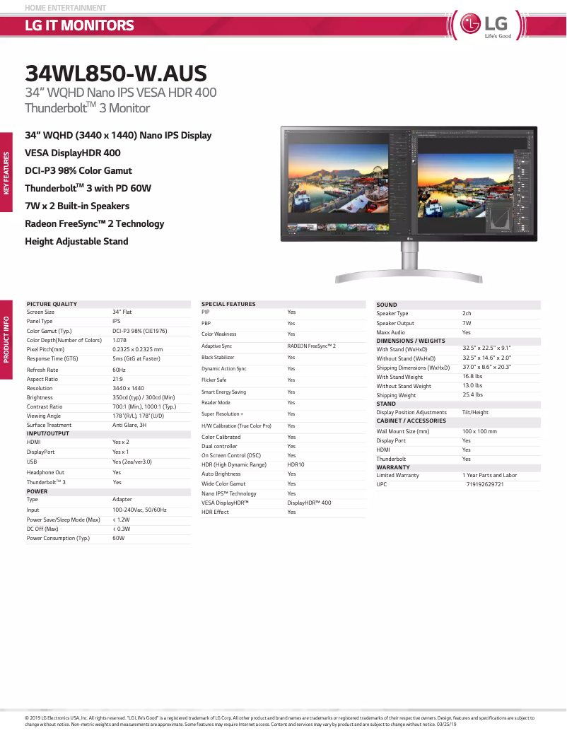 Página 1 del manual Ficha técnica LG UltraWide 34WL850