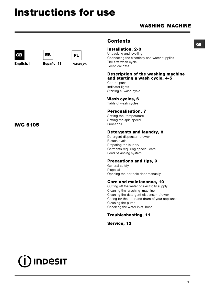 Page 1 de la notice Manuel utilisateur Indesit IWC 6105