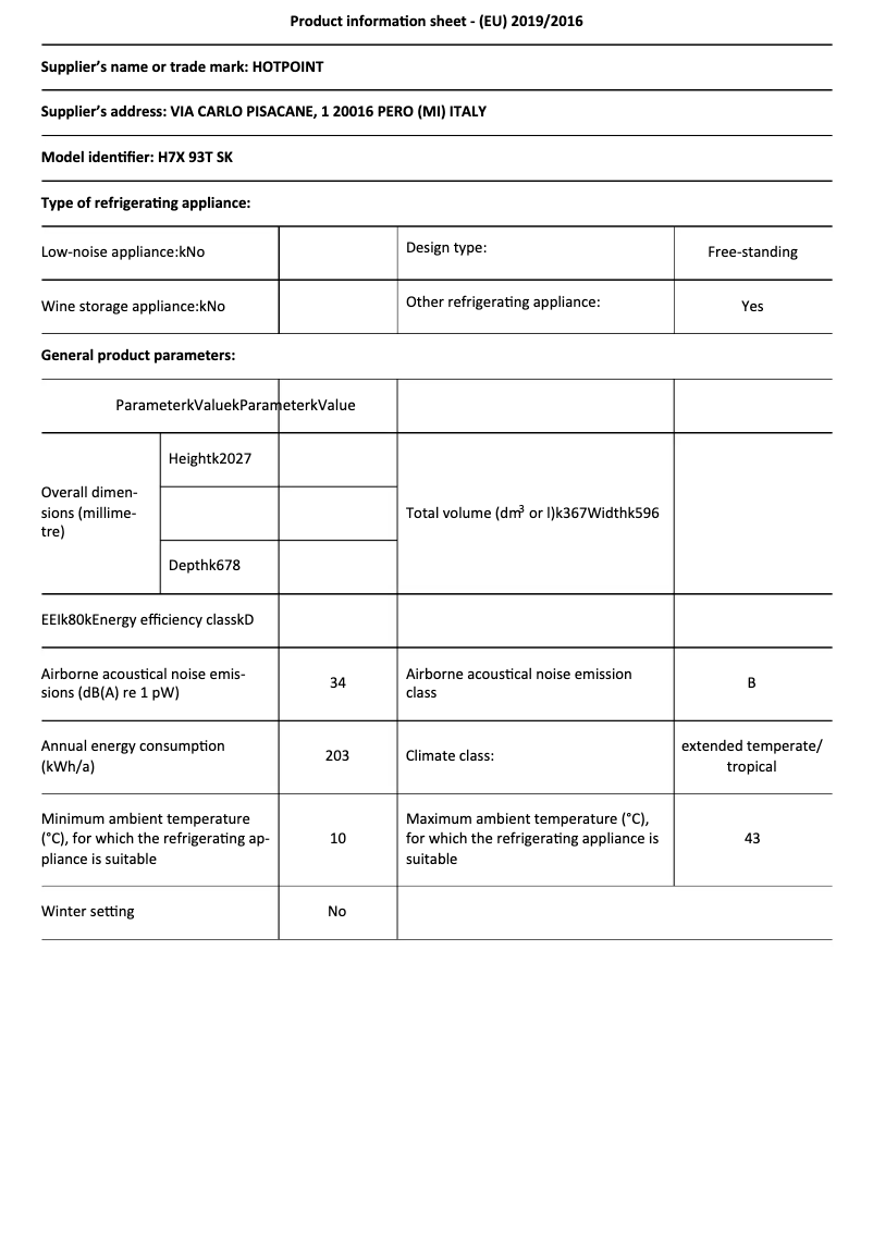 Page 1 de la notice Fiche technique Hotpoint H7X 93T SK