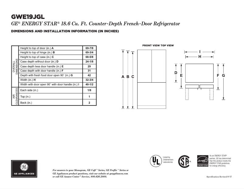 Page n°1 - Fiche technique GE GWE19JGLWW