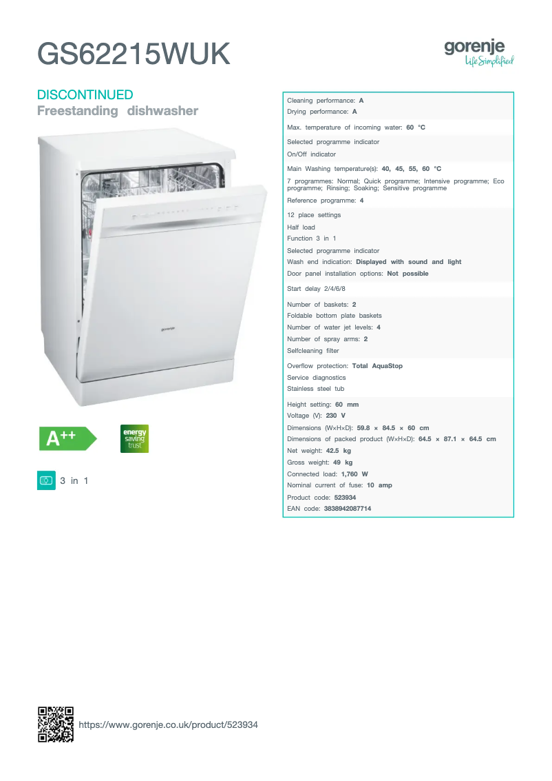 Page n°1 - Fiche technique Gorenje GS62215WUK