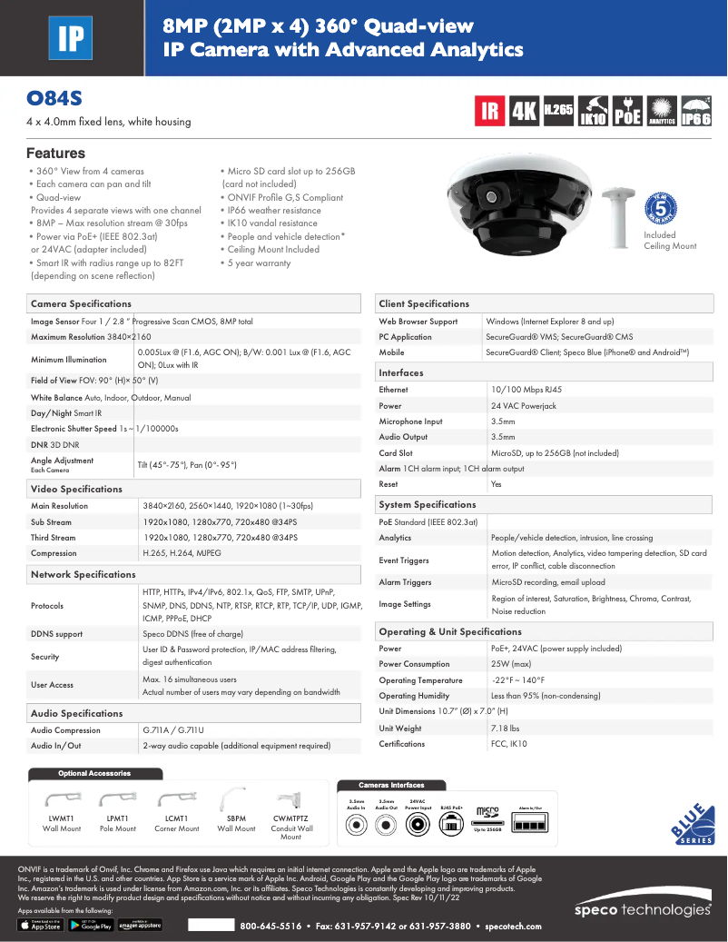 Page 1 de la notice Fiche technique Speco Technologies O84S