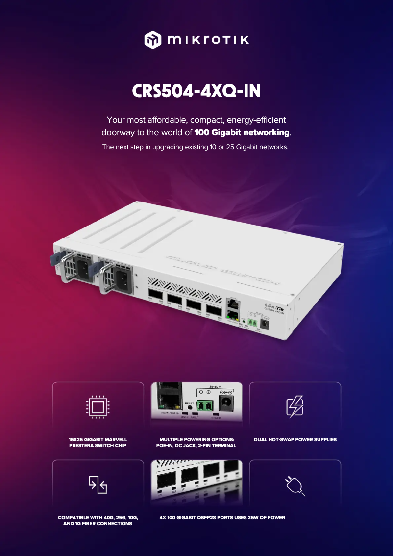 Page 1 de la notice Brochure Mikrotik CRS504-4XQ-IN