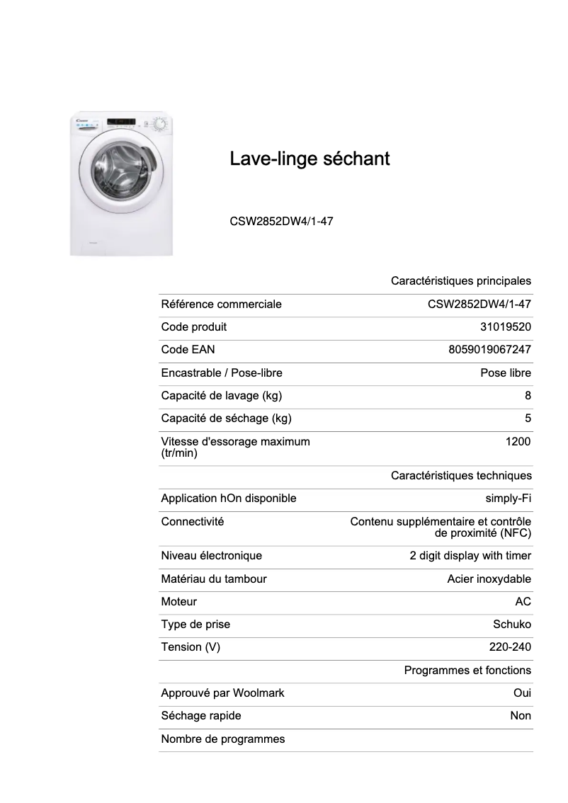Page n°1 - Fiche technique Candy CSW2852DW4/1-47