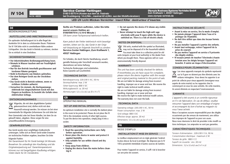 Page n°1 - Manuel utilisateur Olympia IV 104