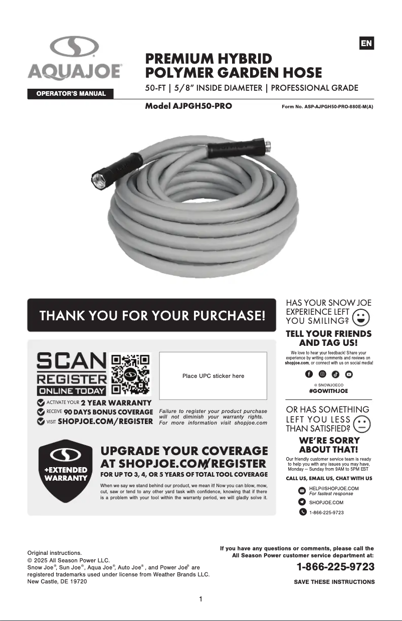 Page 1 of the manual User Manual Aqua Joe AJPGH50-PRO