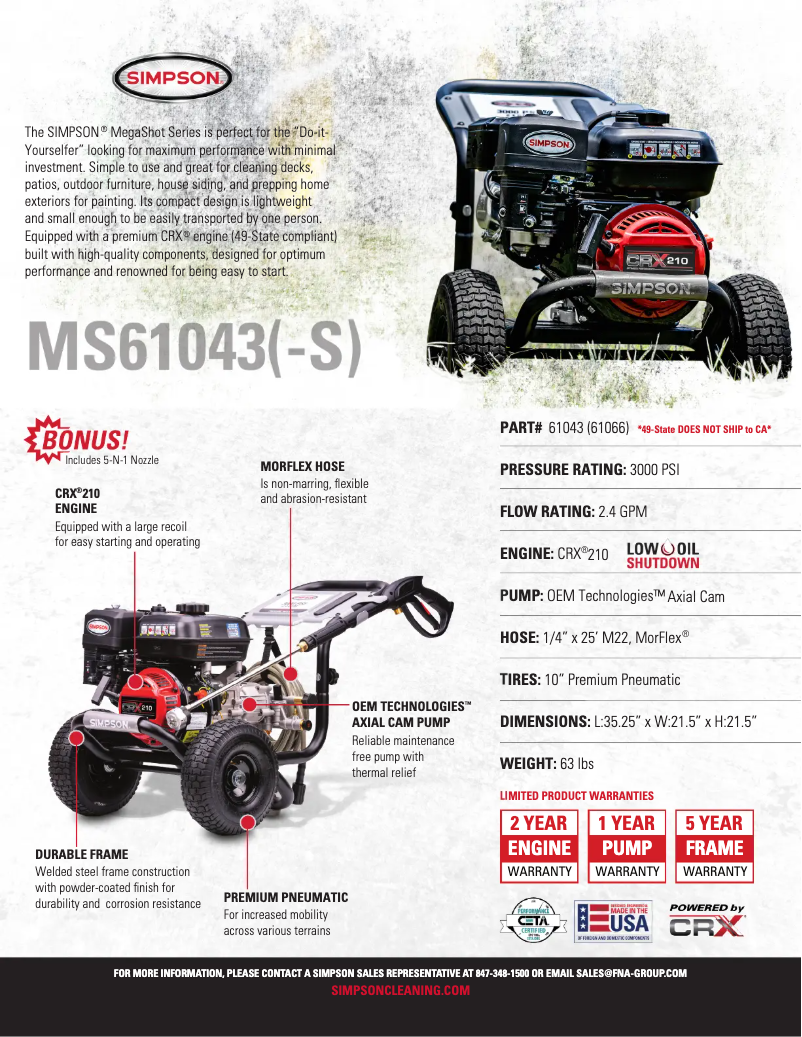 Page n°1 - Fiche technique Simpson Megashot MS61043-S