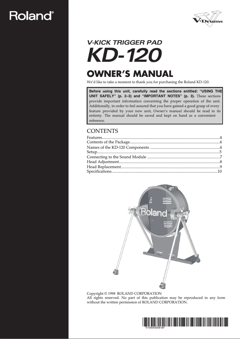 Image de la première page du manuel de l'appareil V-drums KD-120