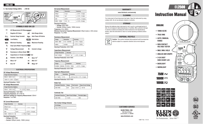 Page n°1 - Manuel utilisateur Klein Tools CL2500