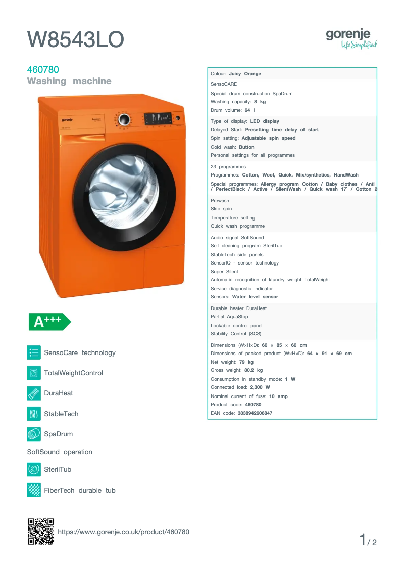 Page n°1 - Fiche technique Gorenje W8543LO