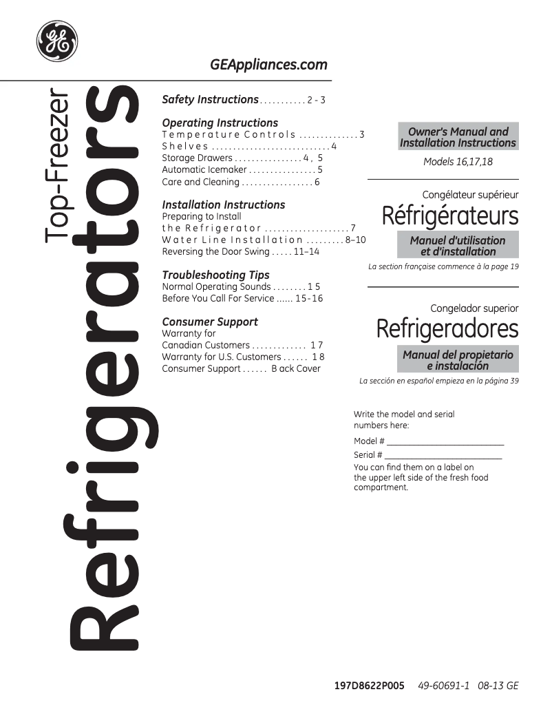 Page 1 de la notice Manuel d'utilisation et d'entretien GE GTR16DBEWW