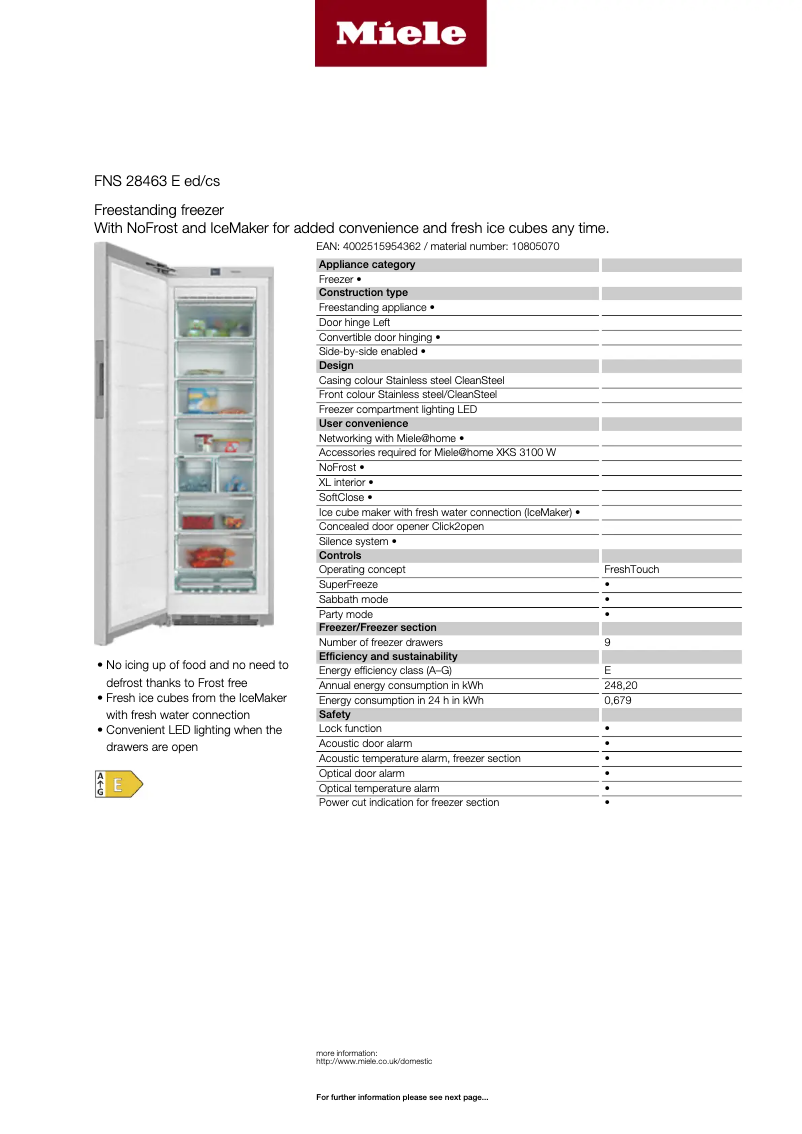 Page 1 de la notice Fiche technique Miele FNS 28463 E ed/cs