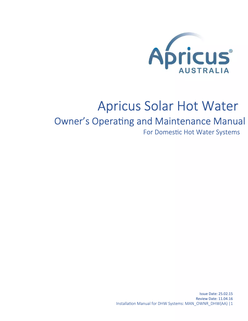 Page 1 de la notice Manuel utilisateur Apricus Solar Hot Water