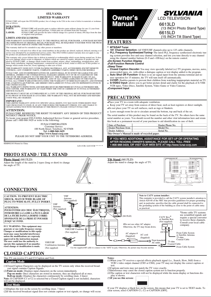 Page n°1 - Manuel utilisateur Sylvania 6613LD