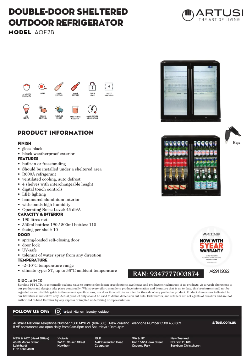 Page 1 de la notice Fiche technique Artusi AOF2B