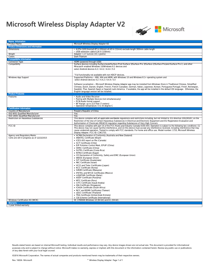 Image de la première page du manuel de l'appareil Wireless Display Adapter V2