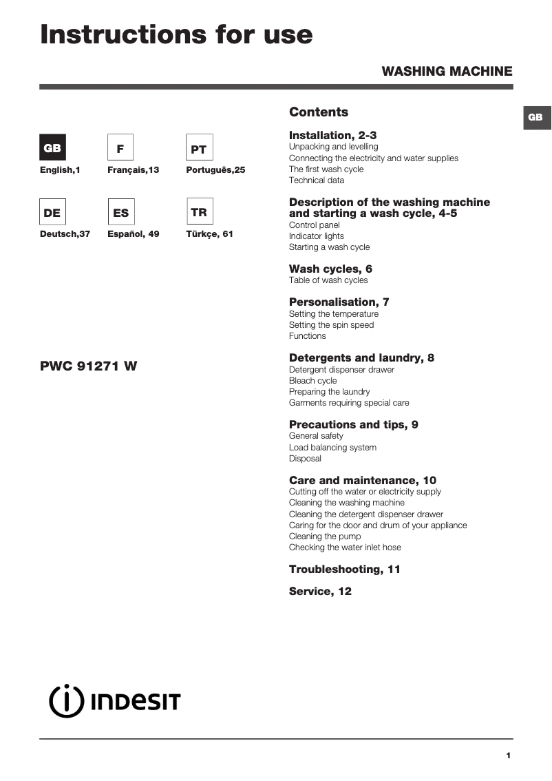 Page n°1 - Manuel utilisateur Indesit PWC 91271 W (EU)