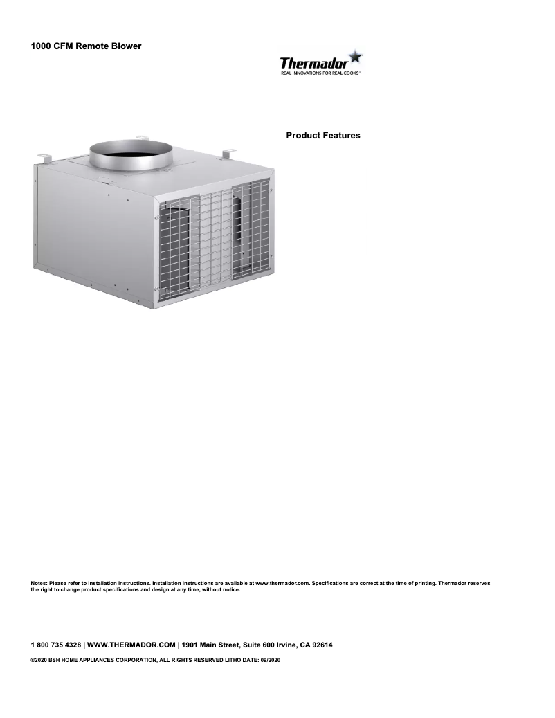 Page 1 de la notice Fiche technique Thermador VTR1030W