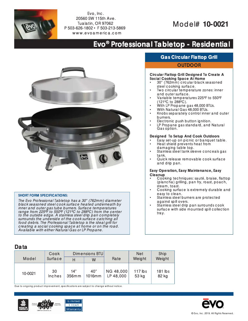 Page n°1 - Fiche technique EVO 10-0021-NG