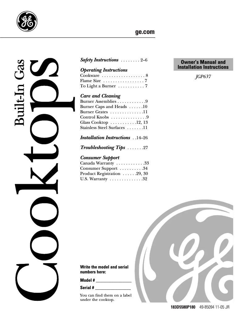 Image de la première page du manuel de l'appareil JGP637WEJWW