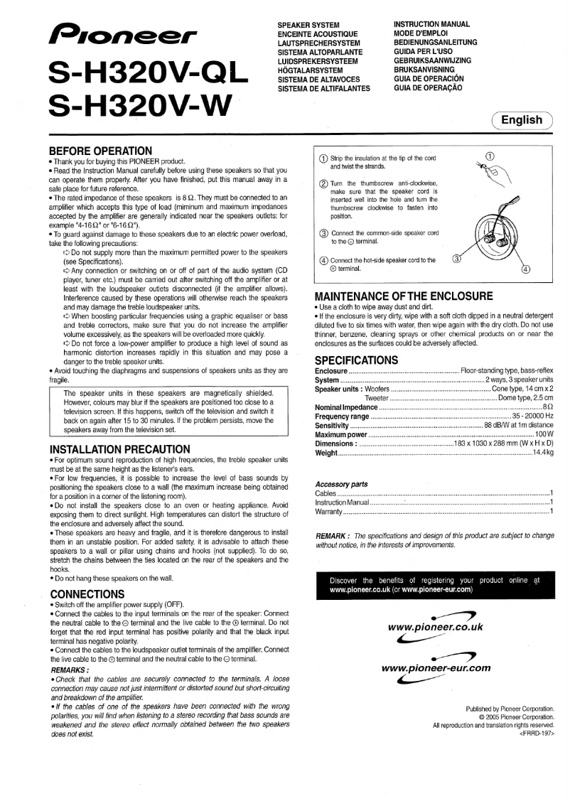 Page 1 de la notice Manuel utilisateur Pioneer S-H320V-QL