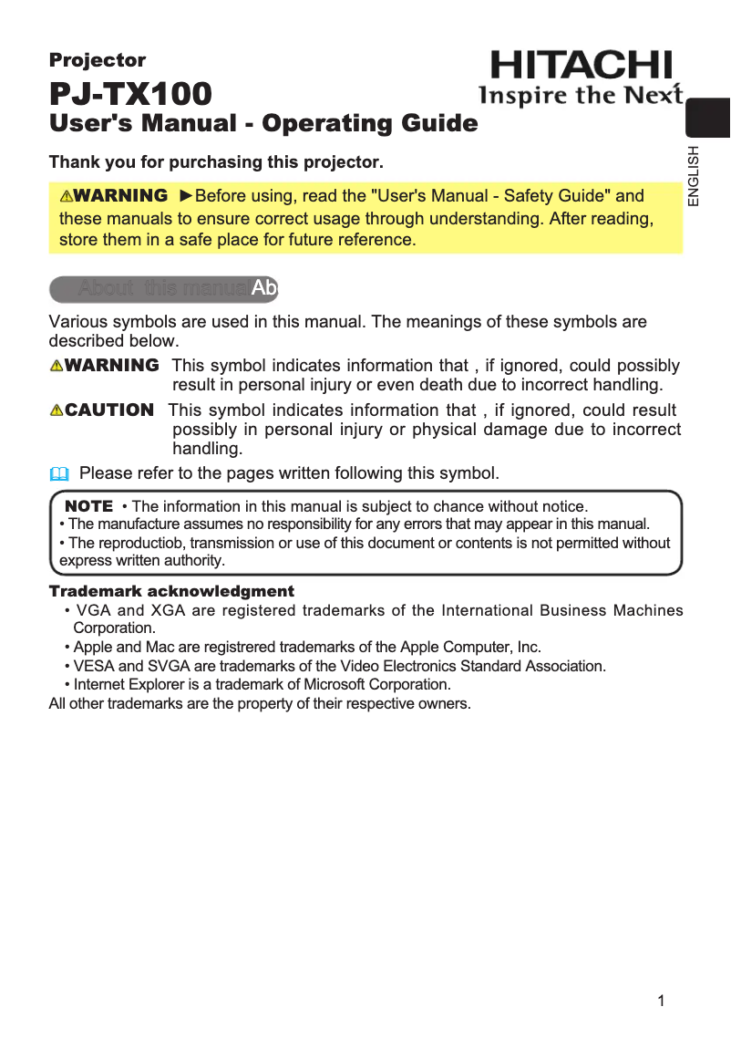Page 1 de la notice Manuel utilisateur Hitachi PJ-TX100