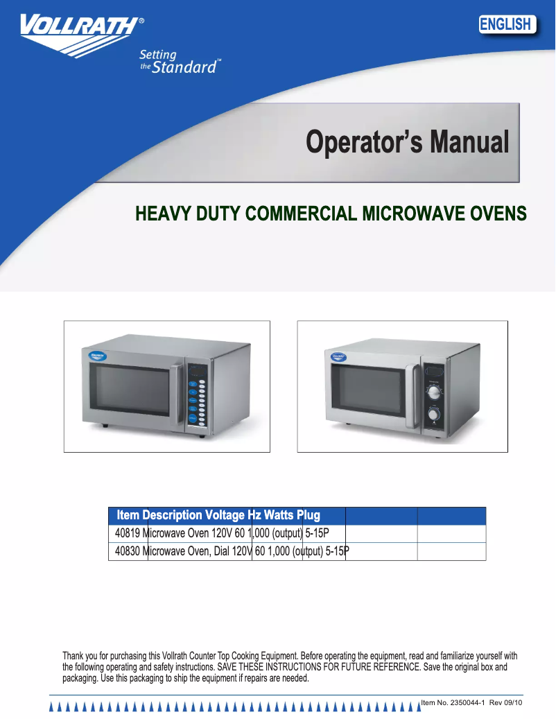 Page 1 de la notice Manuel utilisateur Vollrath 40819