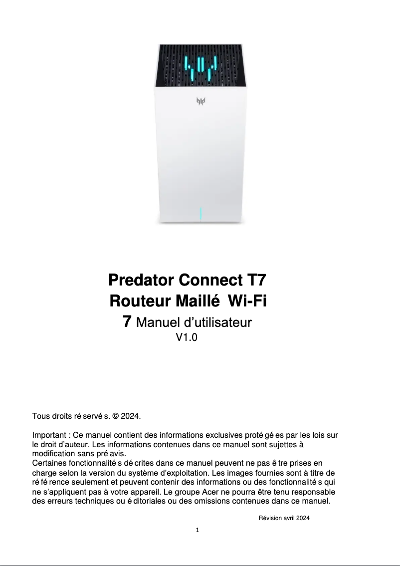 Page 1 de la notice Manuel utilisateur Acer Predator Connect T7