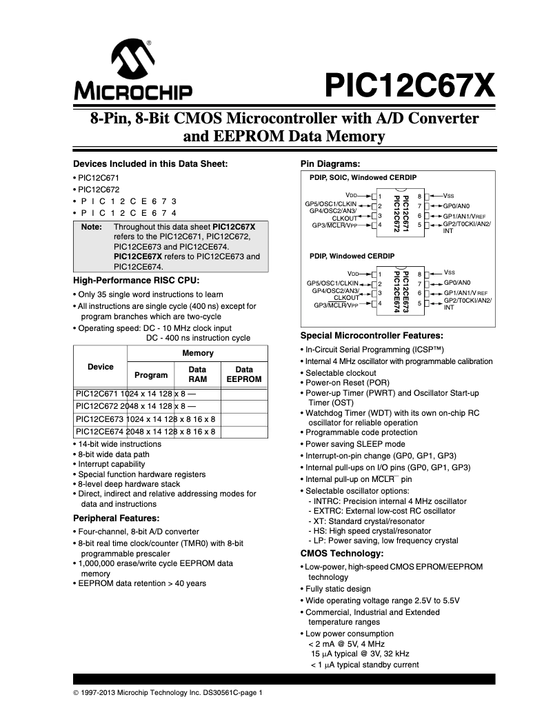 Página 1 del manual Ficha técnica Microchip PIC12CE673