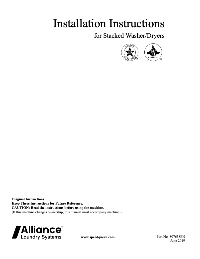 Page n°1 - Guide d'installation Speed Queen SF7003WE