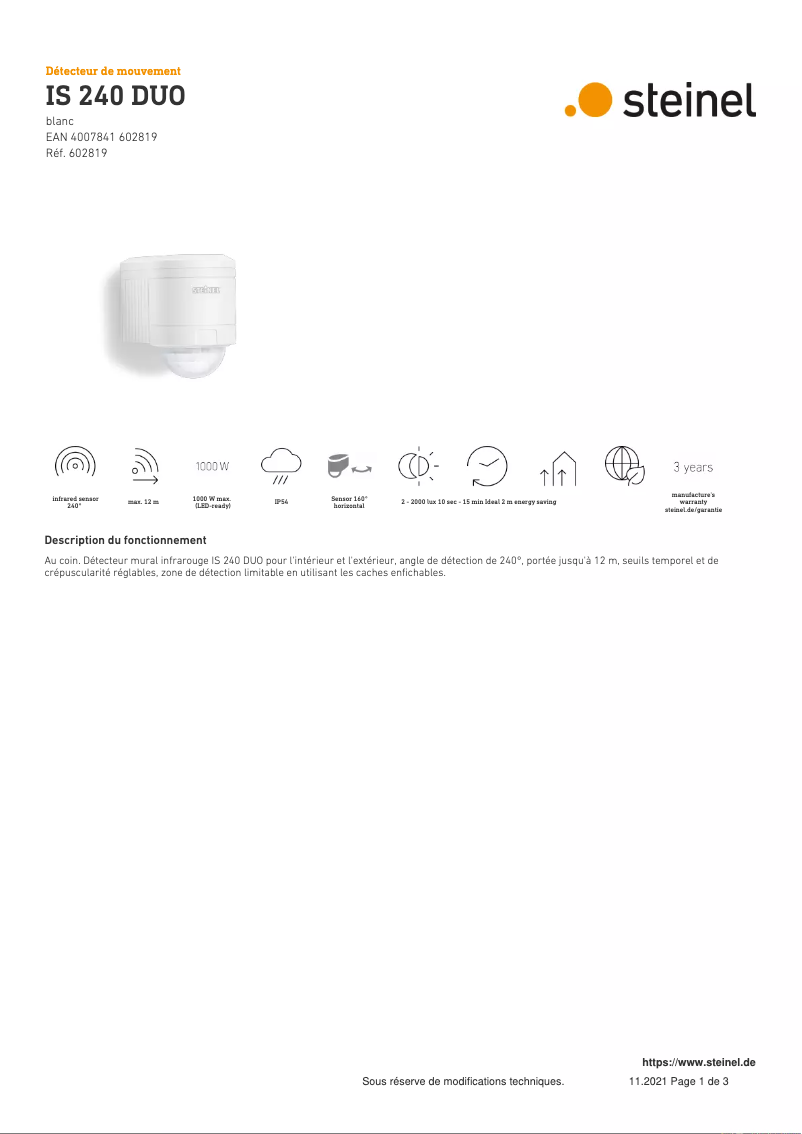 Página 1 del manual Ficha técnica Steinel IS 240 DUO