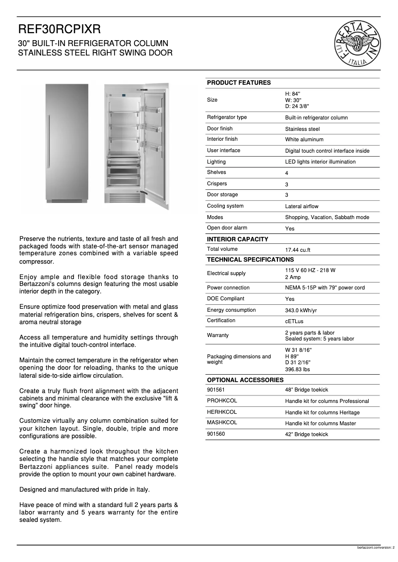 Page 1 de la notice Fiche technique Bertazzoni REF30RCPIXR