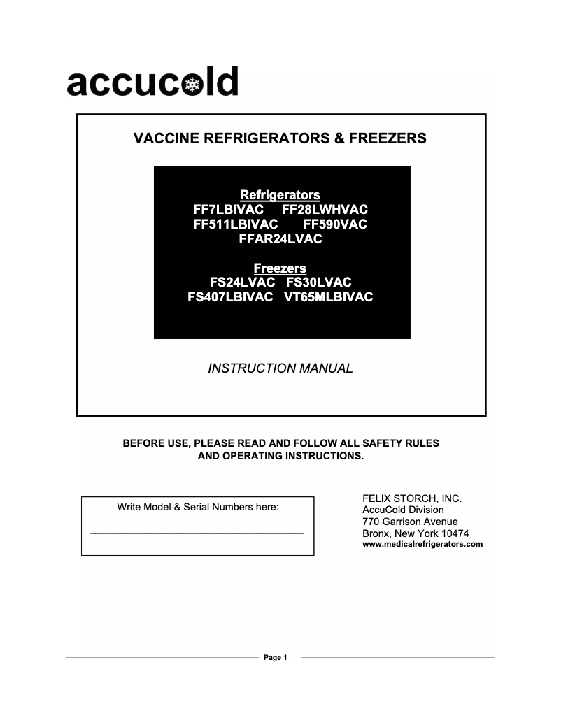Page n°1 - Guide d'installation Summit Accucold VT65MLBIVAC