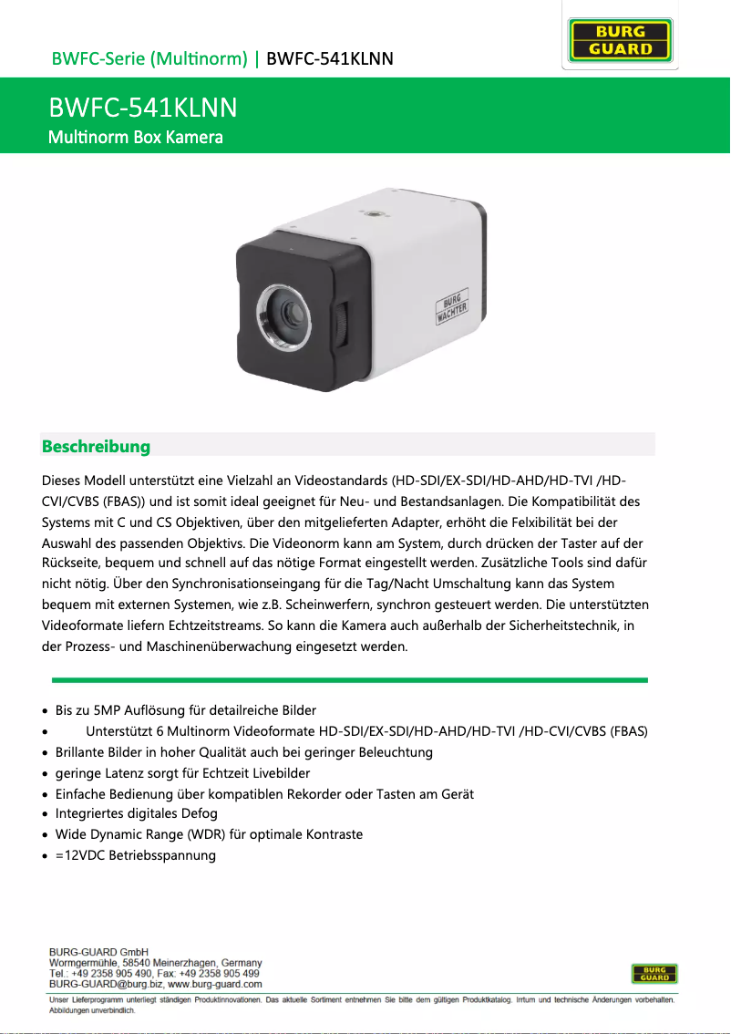 Page 1 de la notice Fiche technique Burg Wächter BWFC-541KNN