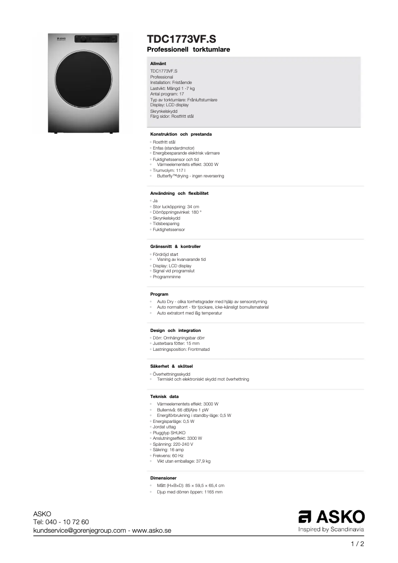 Page 1 de la notice Fiche technique Asko TDC1773VF.S
