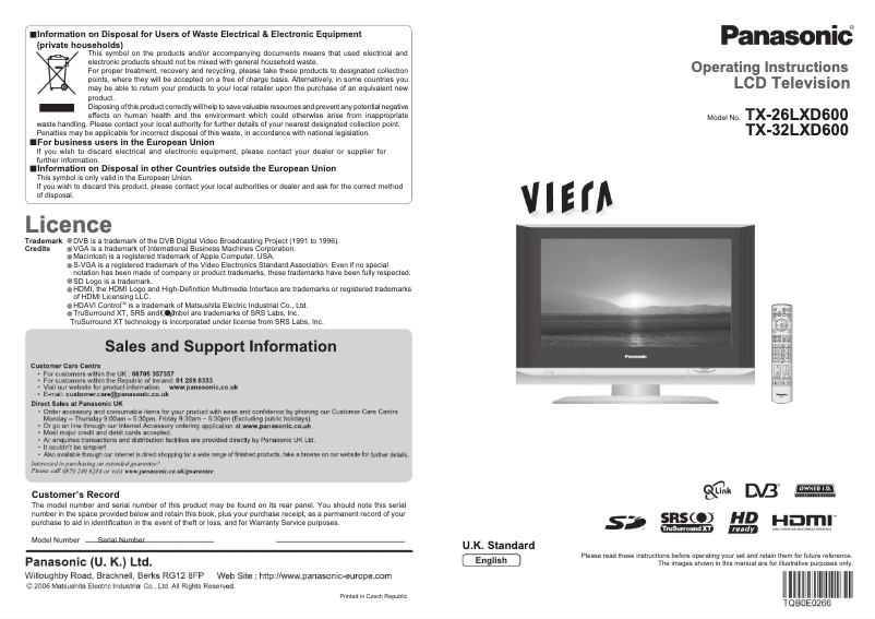 Page 1 de la notice Manuel utilisateur Panasonic Viera TX-32LXD600