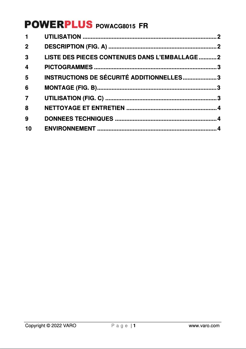 Image de la première page du manuel de l'appareil POWACG8015