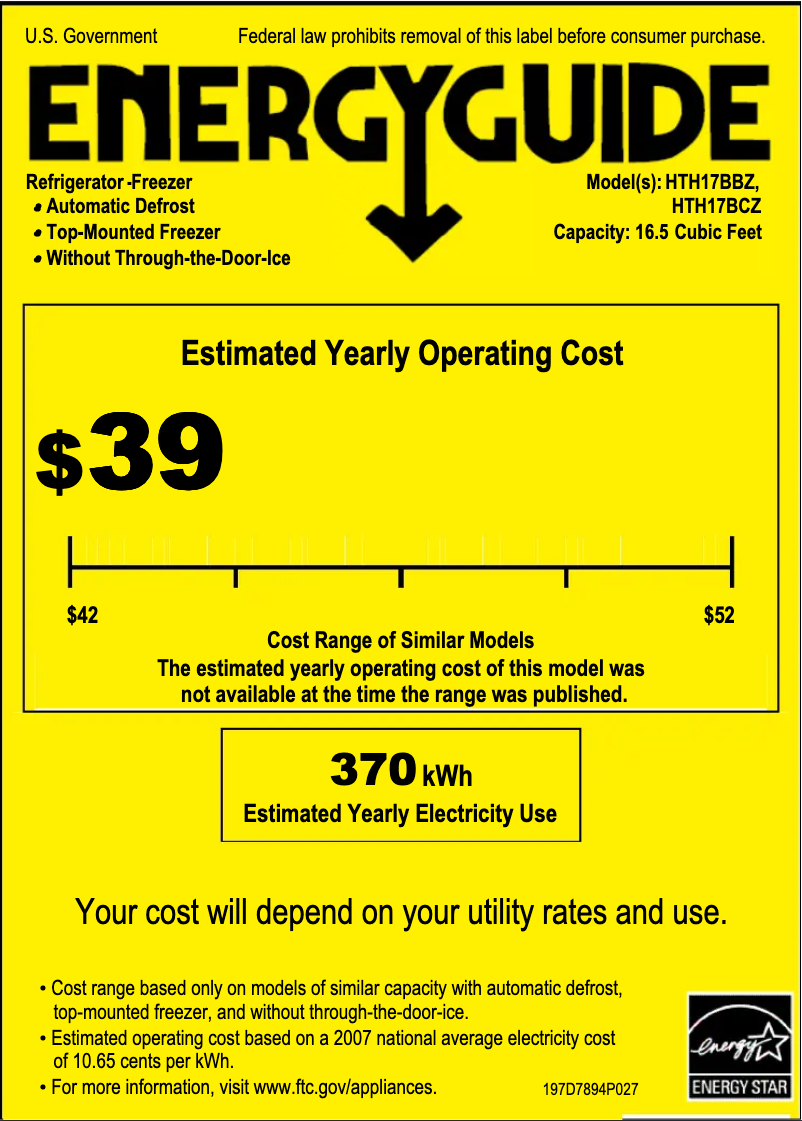 Page 1 de la notice Label énergétique Hotpoint HTH17BBZRBB