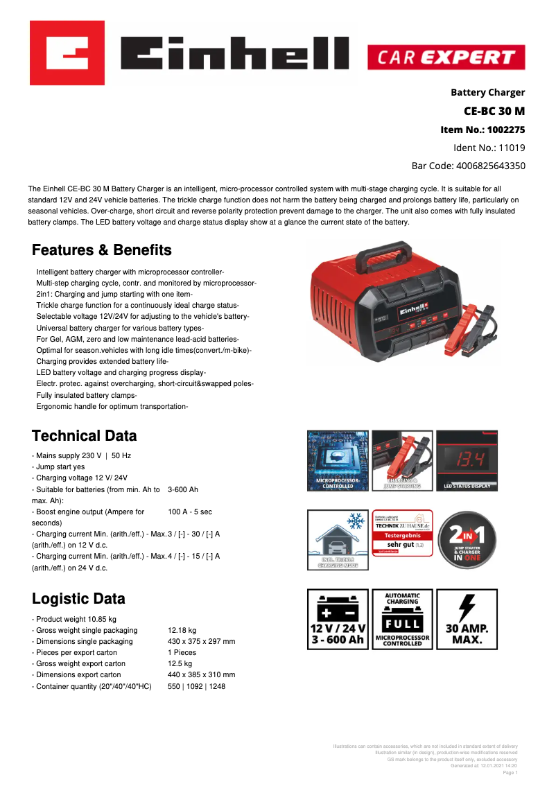 Page 1 de la notice Fiche technique Einhell CE-BC 30 M