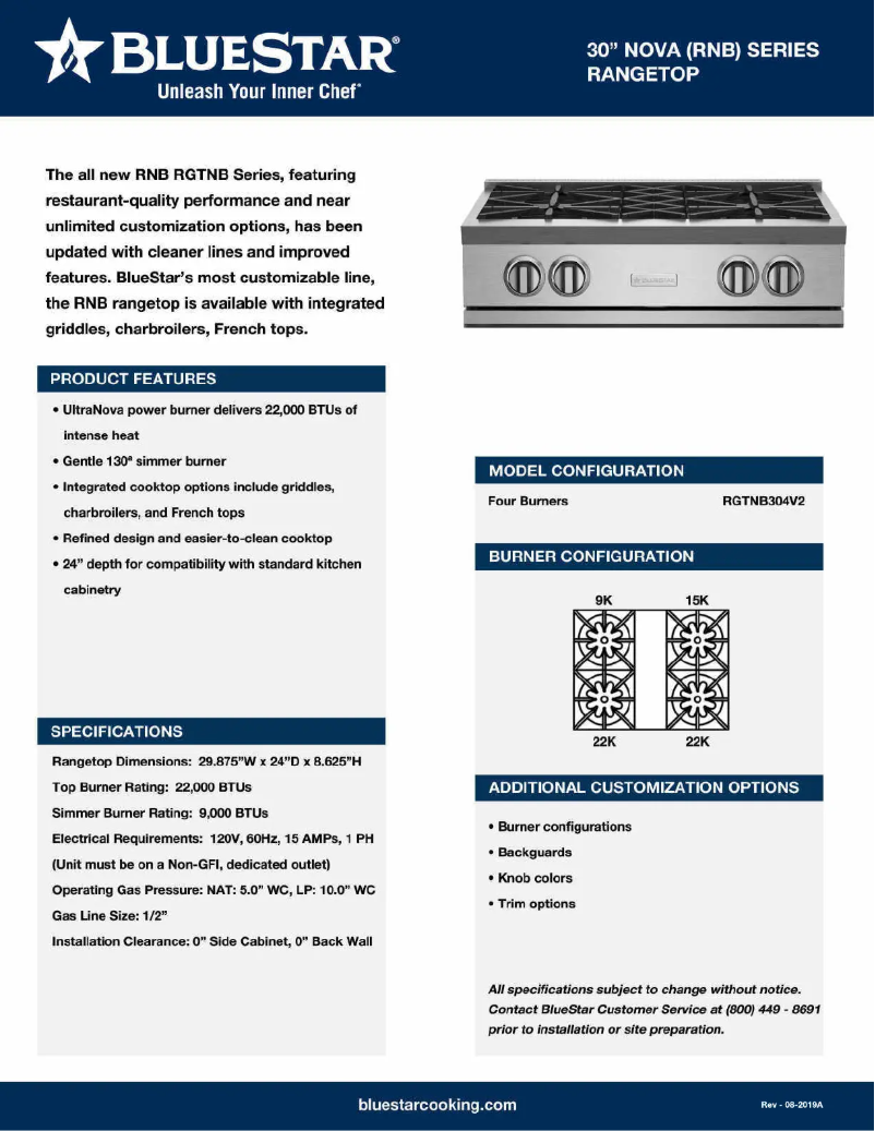 Page 1 de la notice Fiche technique BlueStar RGTNB304BV2