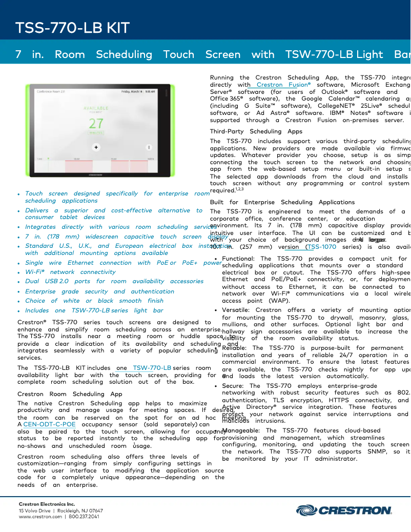 Page n°1 - Fiche technique Crestron TSS-770-B-S-LB KIT