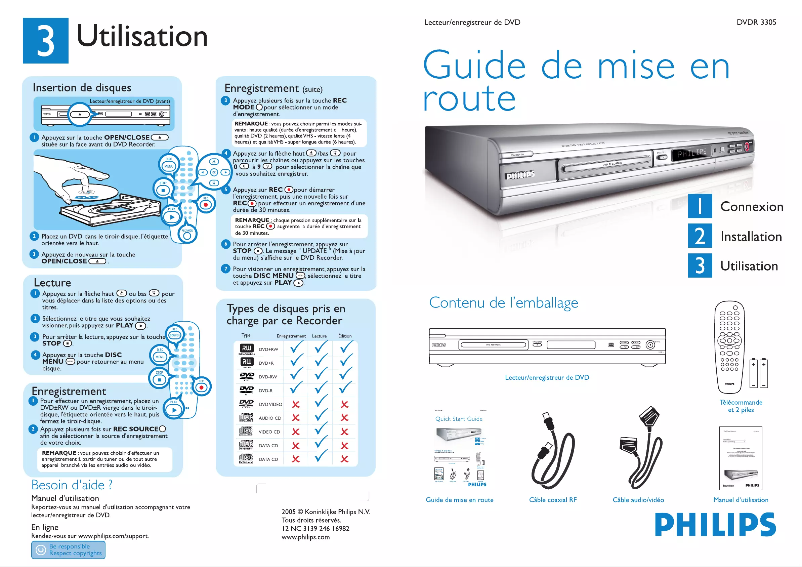 Page n°1 - Guide de démarrage rapide Philips DVDR3305