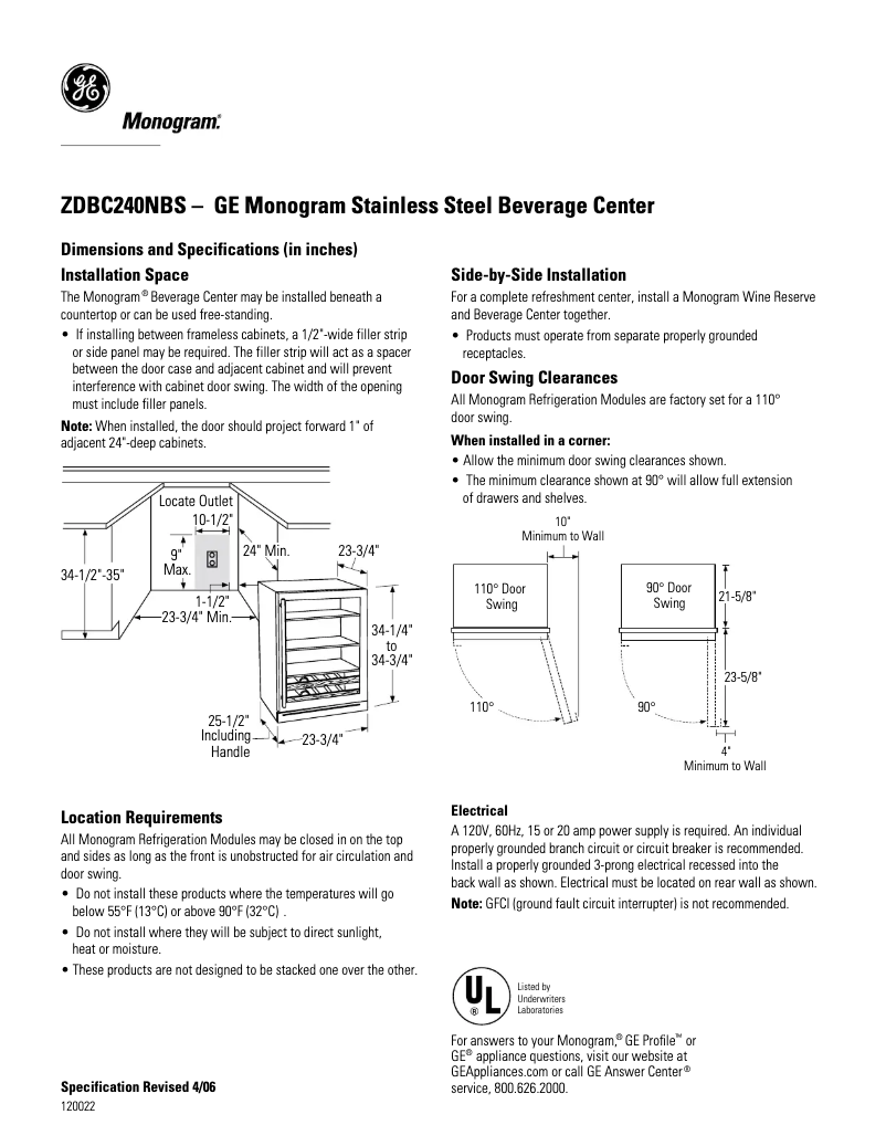 Page 1 de la notice Fiche technique GE ZDBC240NBS