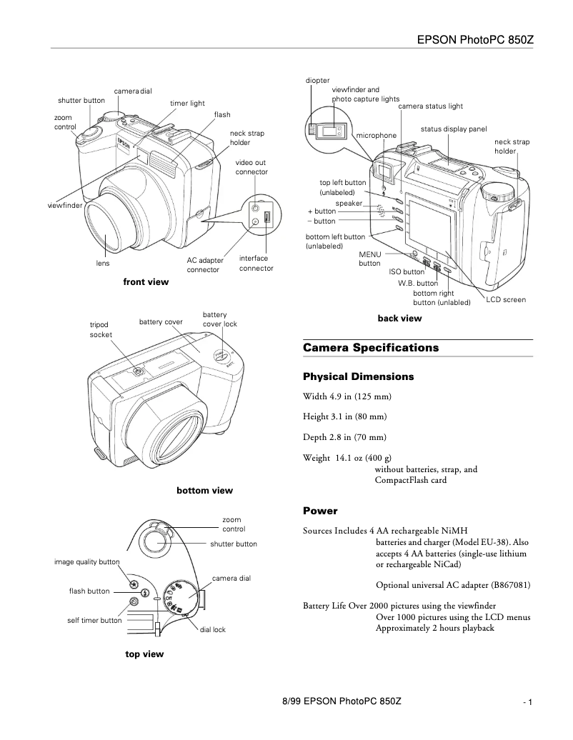 Page 1 de la notice Fiche technique Epson PhotoPC 850Z
