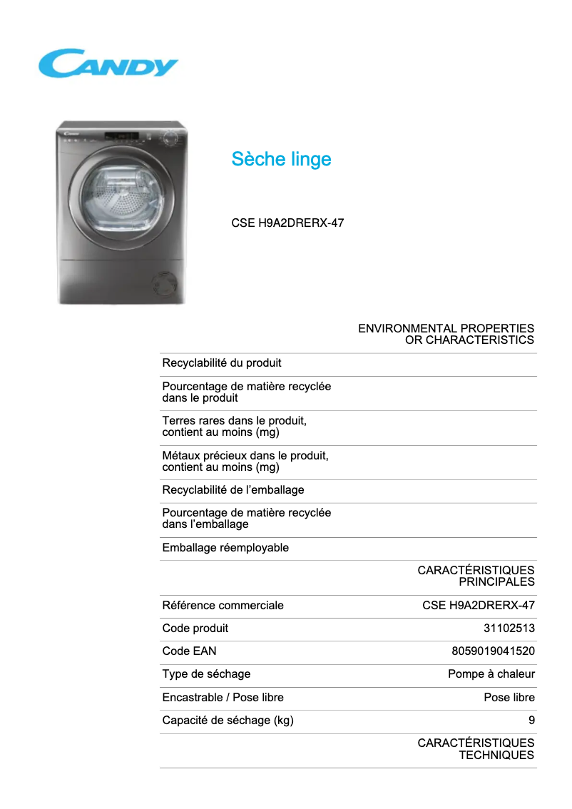 Page 1 de la notice Fiche technique Candy CSE H9A2DRERX-47