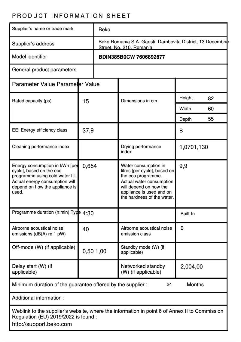Page 1 de la notice Fiche technique Beko BDIN385B0CW