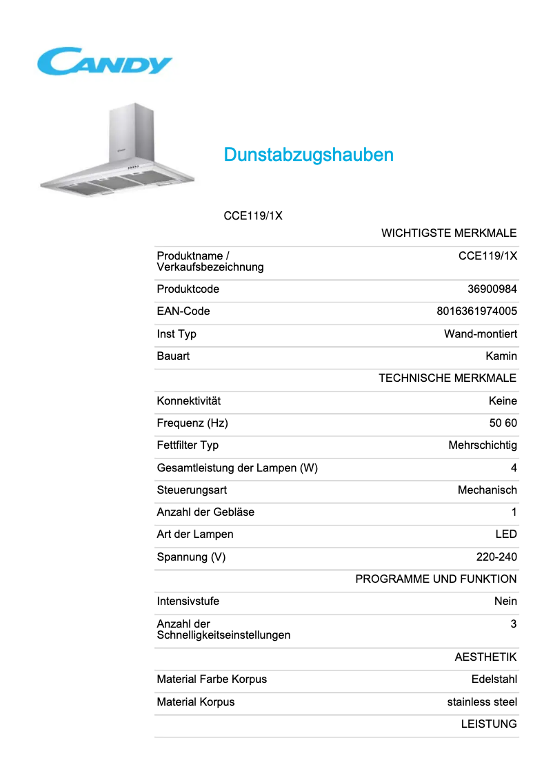 Page 1 de la notice Fiche technique Candy CCE119/1X