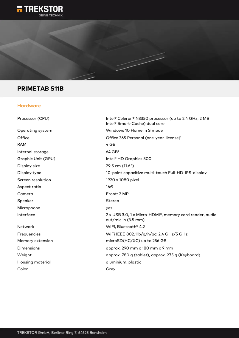 Página 1 del manual Ficha técnica TrekStor PrimeTab S11B