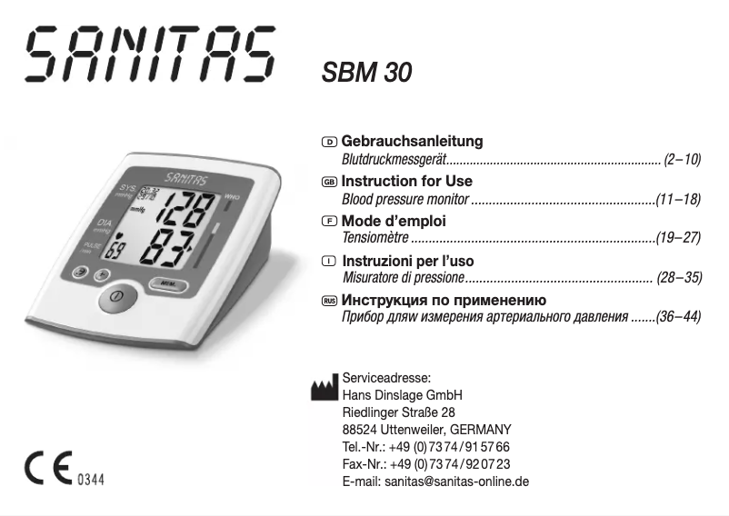 Page n°1 - Manuel utilisateur Sanitas SBM 30